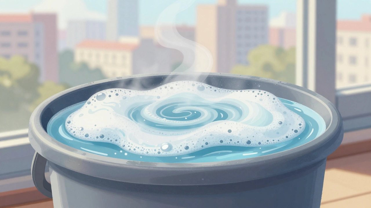 Close-up of a cleaning bucket showing layers of deionized water, dish soap, and evaporating isopropyl alcohol under soft natural light.