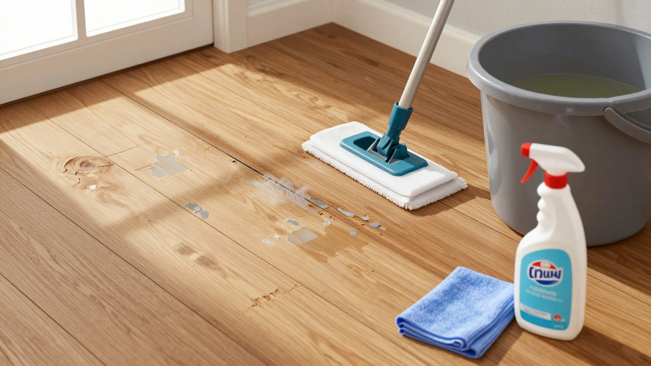 Hardwood floor with cloudy patches and gaps caused by repeated vinegar cleaning.