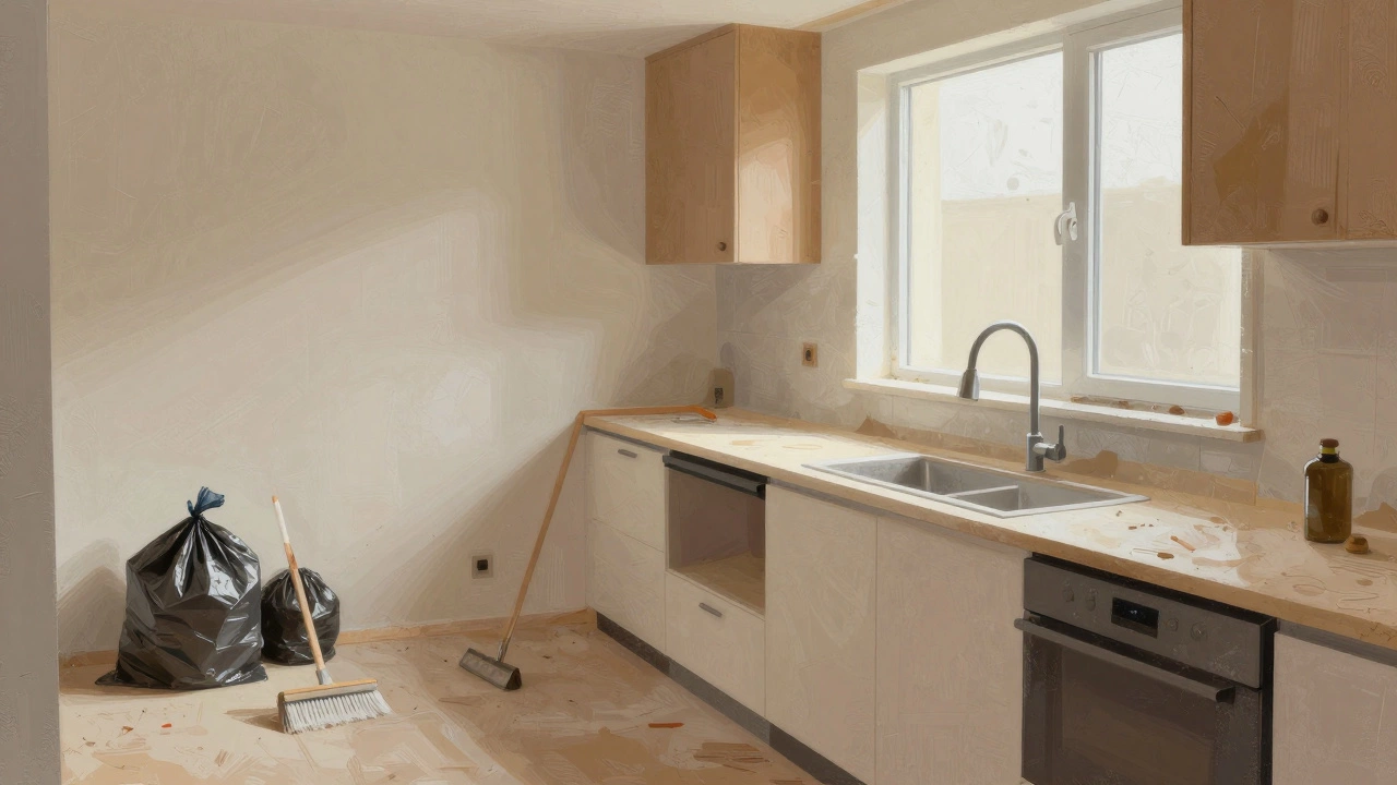 Kitchen split scene: clean floor and debris removal vs dusty surfaces and fixtures.