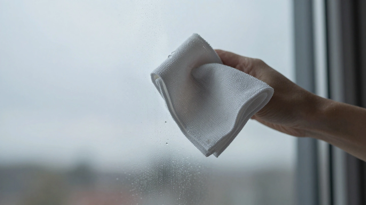 Macro view of a microfiber cloth lifting dirt from glass, with evaporating vinegar solution and clear reflection.