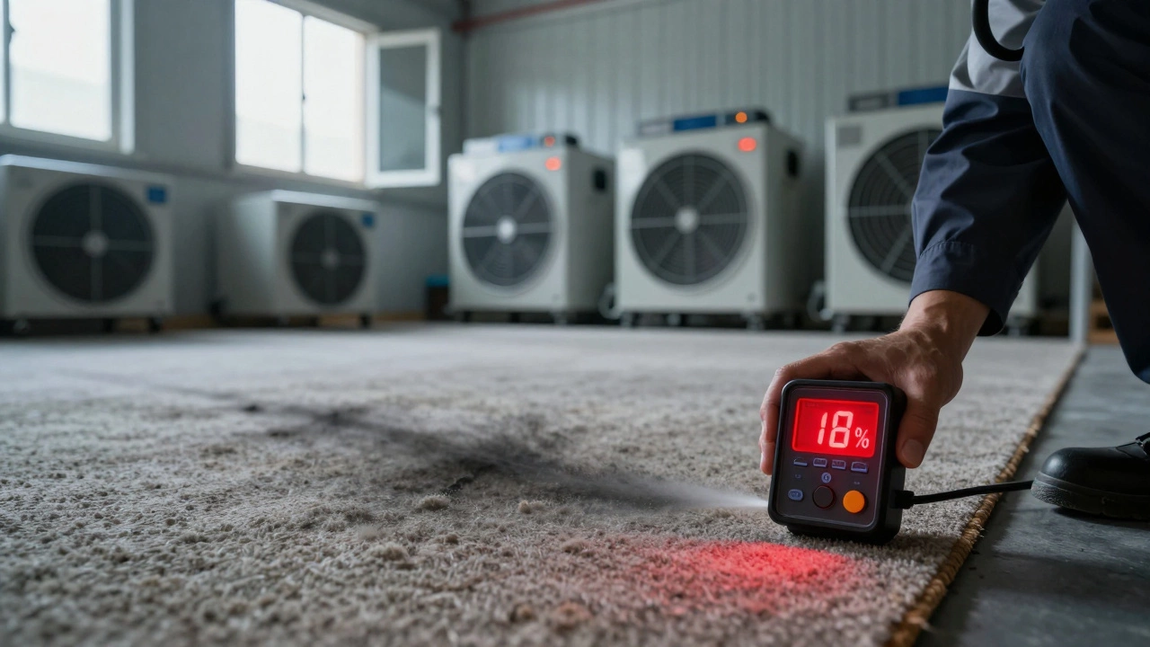 Moisture meter reading high levels on carpet as professional drying equipment operates in background.