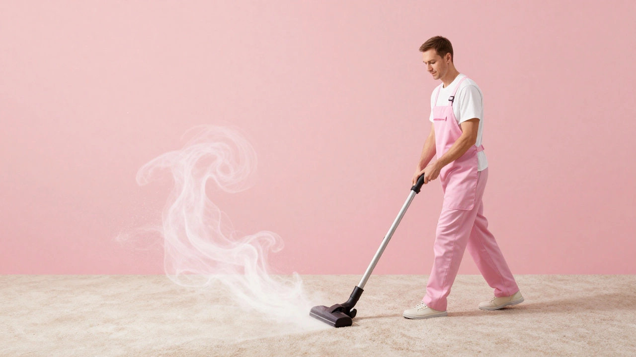Professional cleaner removing construction dust from carpet with vacuum.