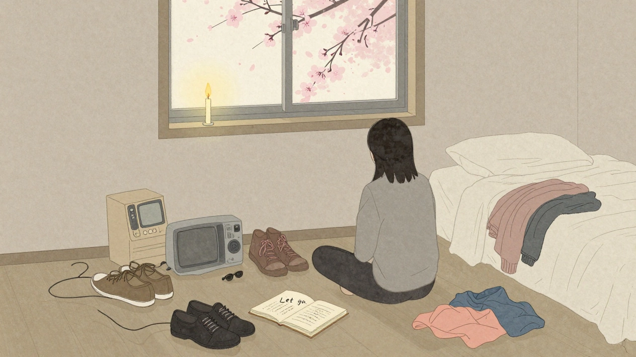 Someone sitting peacefully among items to donate, with a journal and cherry blossoms outside the window.