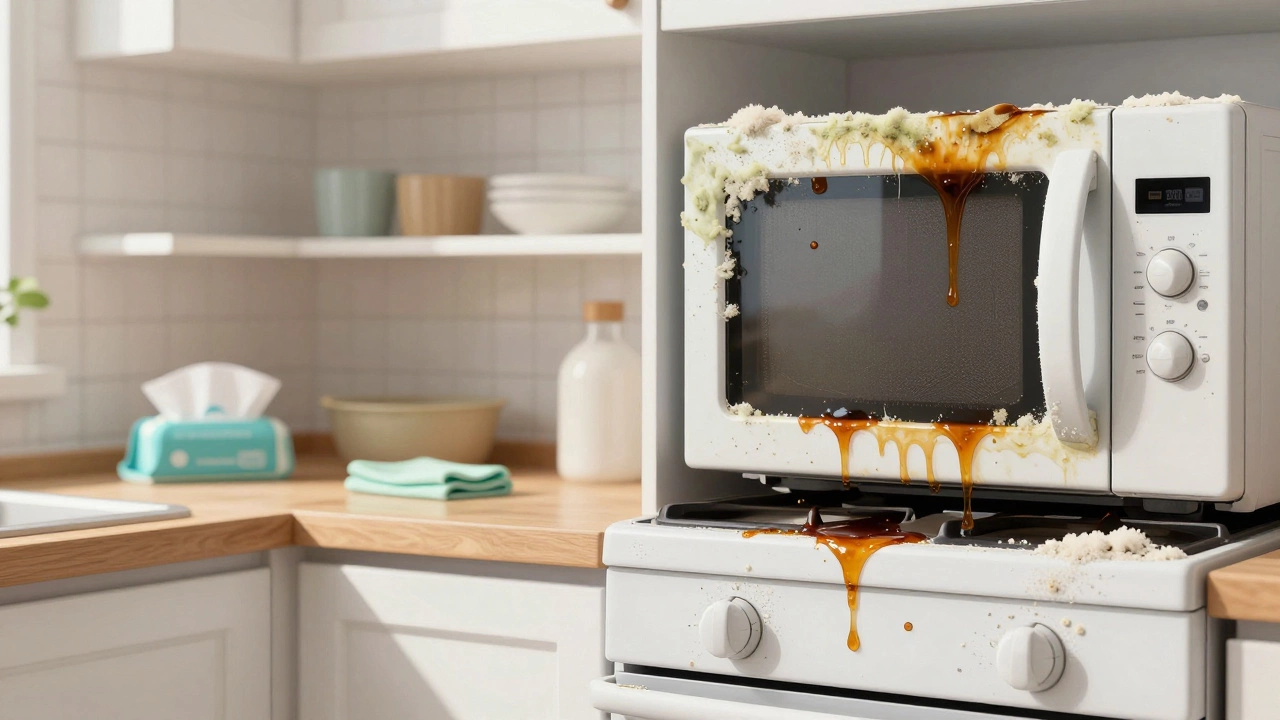 Split kitchen scene: one side clean, the other sticky with grease and mold from infrequent deep cleaning.