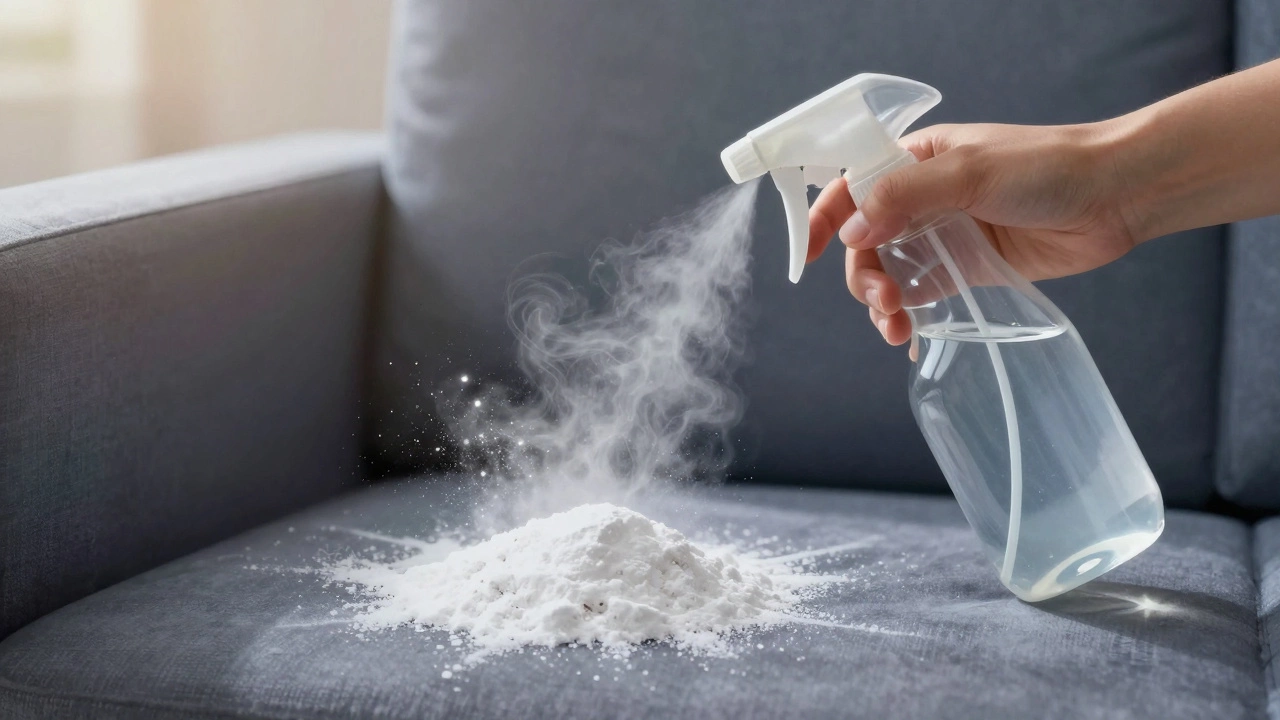 Vinegar spray being applied to a couch cushion as baking soda begins to settle.
