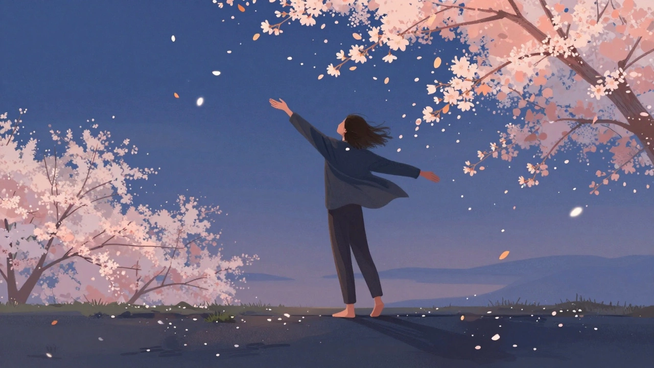 A person standing barefoot in swirling petals and leaves, embracing the spring wind at twilight.