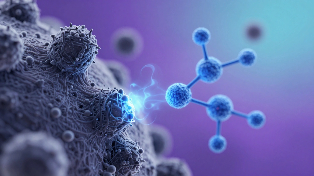 Artistic rendering of cleaning particles breaking down fabric crystals.