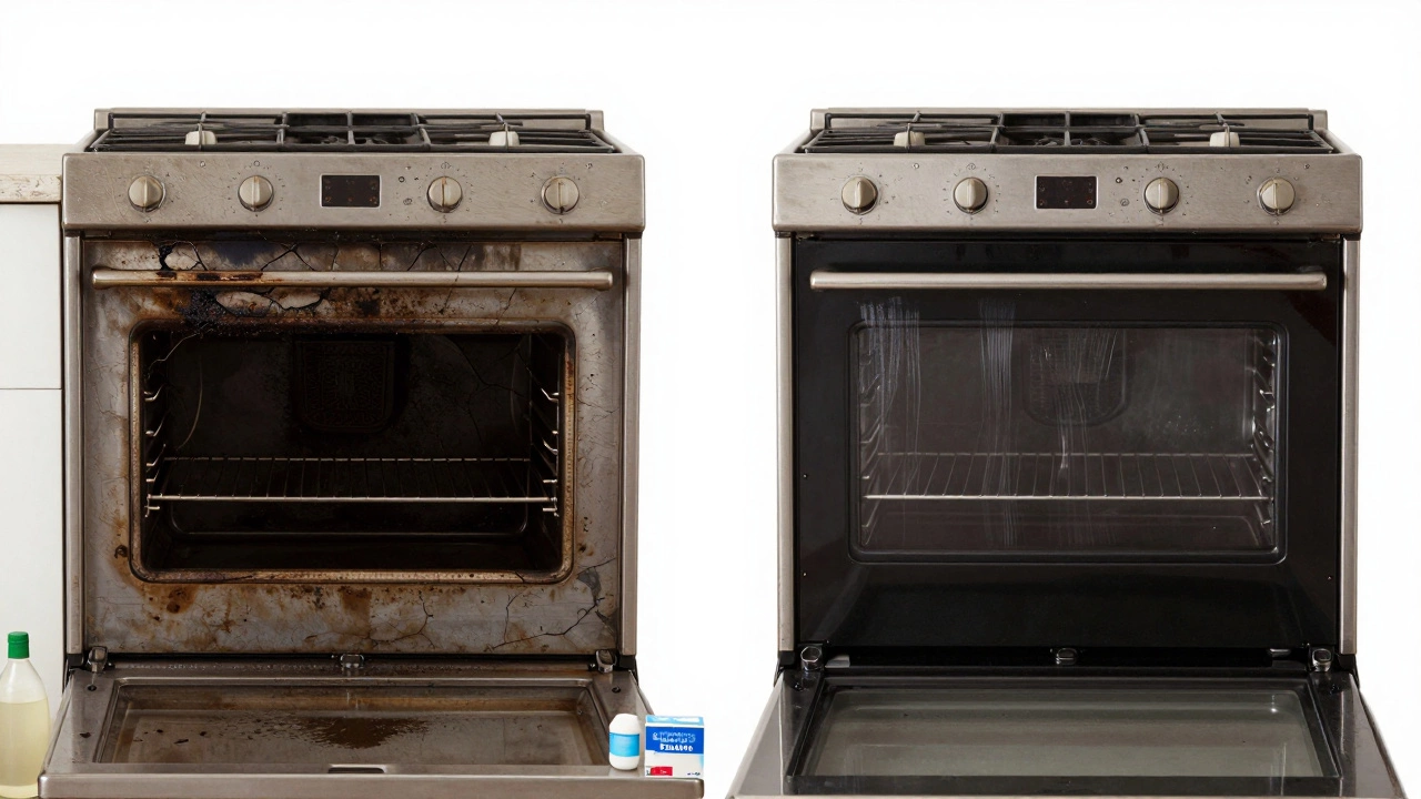 Before-and-after view of a dirty oven transformed to clean using baking soda and vinegar.