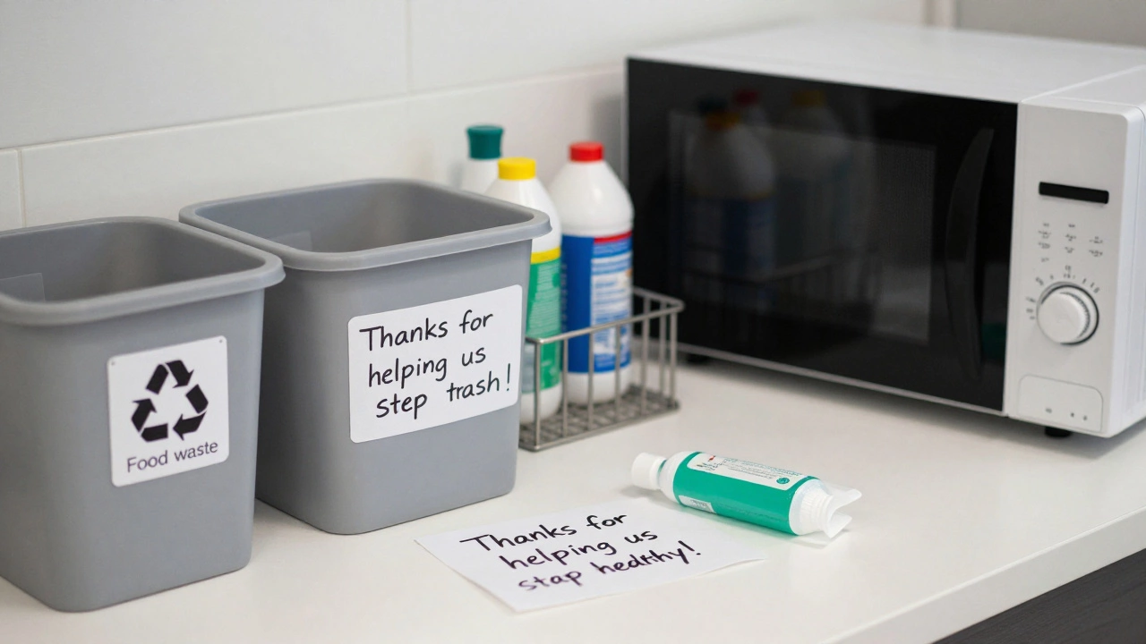 Clean kitchen counter with labeled bins and cleaning supplies, a wiped microwave, and a thankful note.