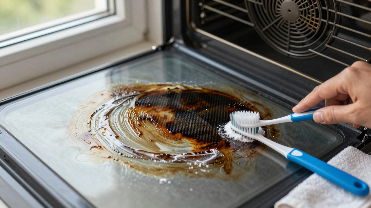 Close-up of baked-on grease being lifted by baking soda paste, with a toothbrush for fan cleaning.