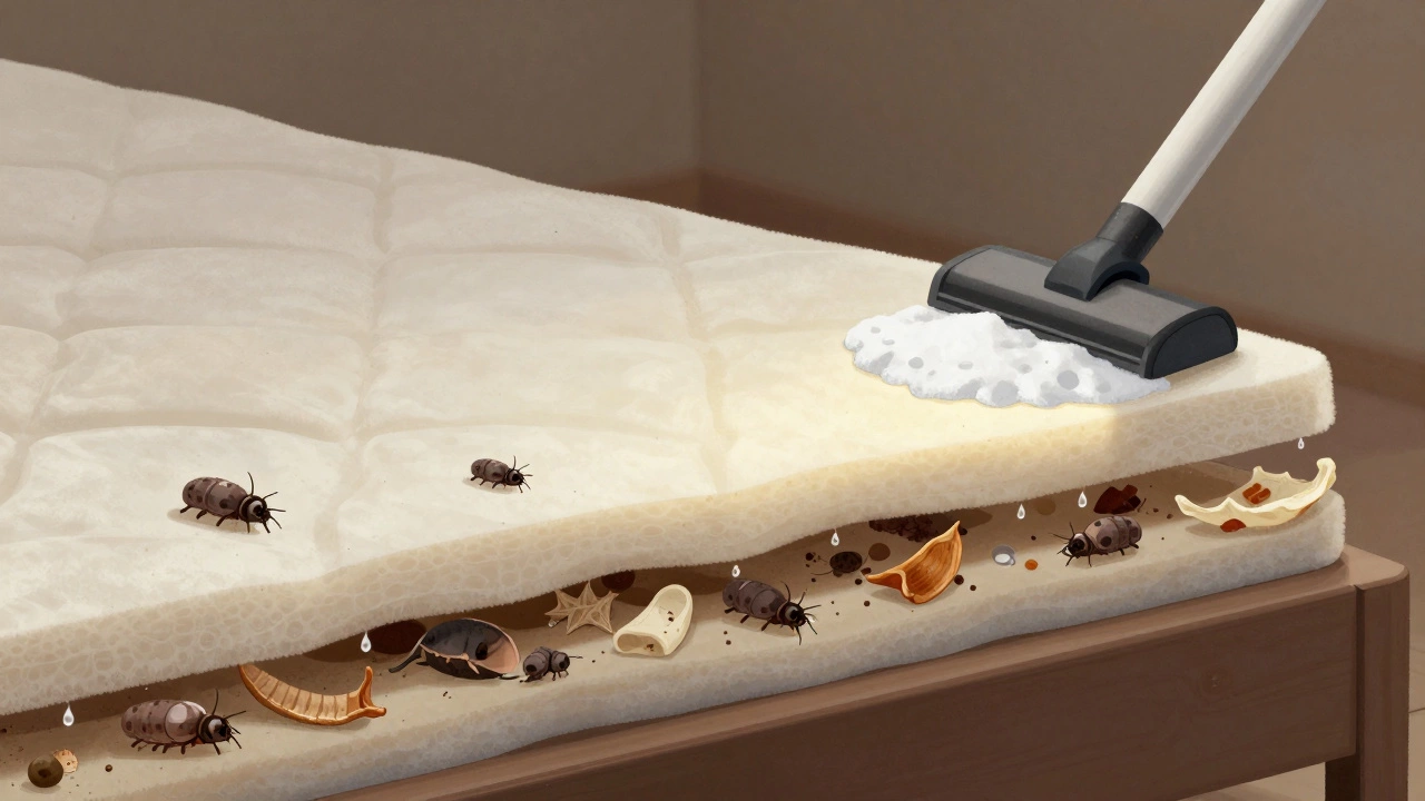 Cross-section of a mattress showing dust mites and moisture trapped inside, contrasted with clean, purified layers after treatment.