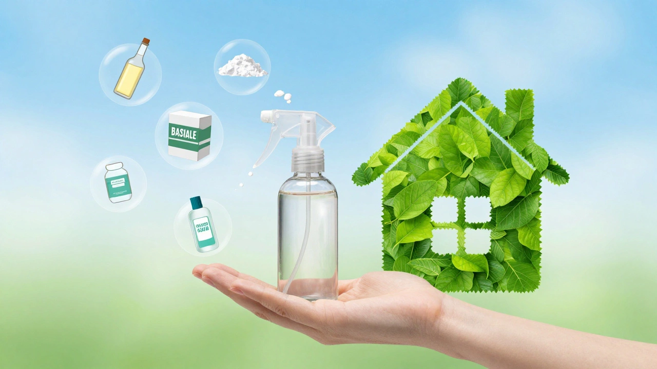 Hand holding natural cleaner spray surrounded by floating icons of ingredients transforming into a leafy house shape.