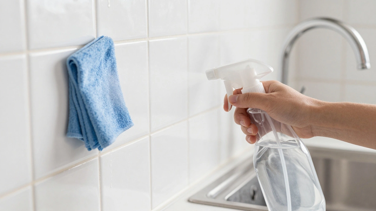 Hands cleaning kitchen tiles with a homemade spray bottle and cloth.