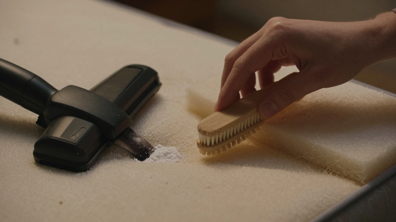 Hands gently brushing debris from inside an open mattress, with a vacuum and baking soda nearby, focusing on textured foam layers.