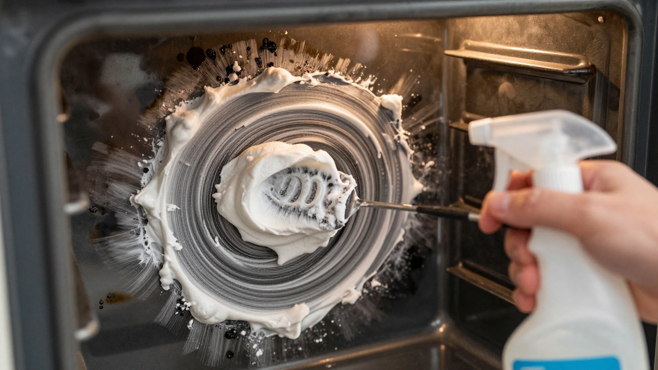Hands spreading baking soda paste inside a cool oven, with vinegar nearby for the next step.