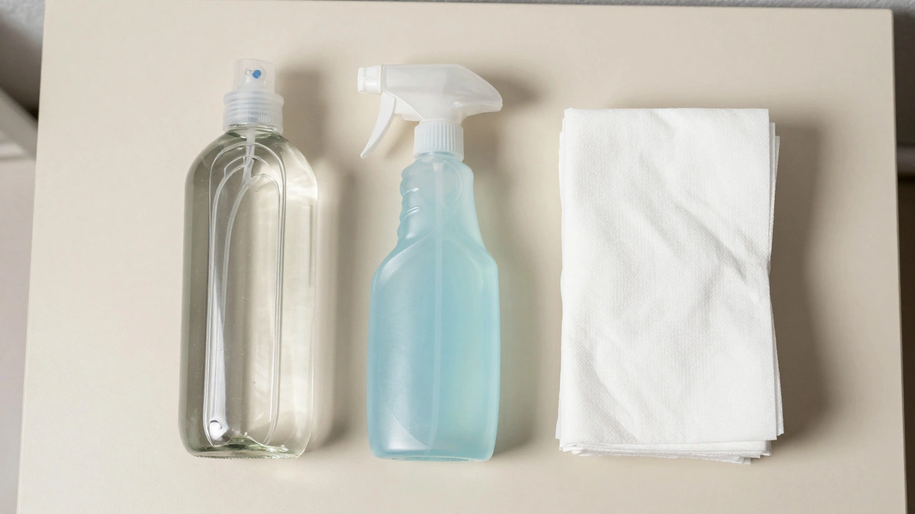 Household cleaning bottles and towels arranged on a table.