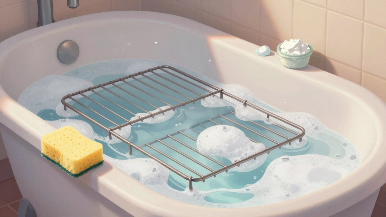 Oven racks soaking overnight in a tub of soapy water, with cleaning tools nearby for safe removal of grease.