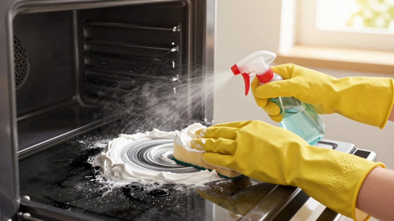 Person applying baking soda paste to oven walls with a sponge while vinegar sprays and fizzes.