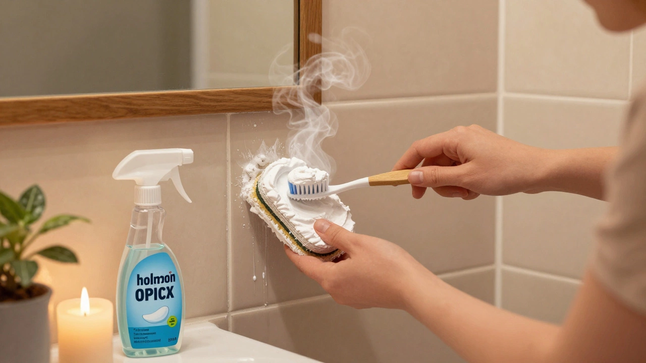 Person scrubbing bathroom tile with baking soda paste and hydrogen peroxide, revealing clean grout and a calm, clutter-free space.