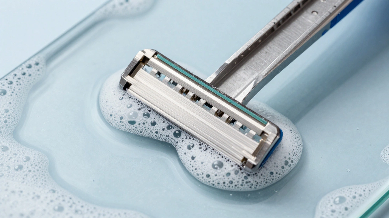 Single edge razor blade removing stains from wet glass pane