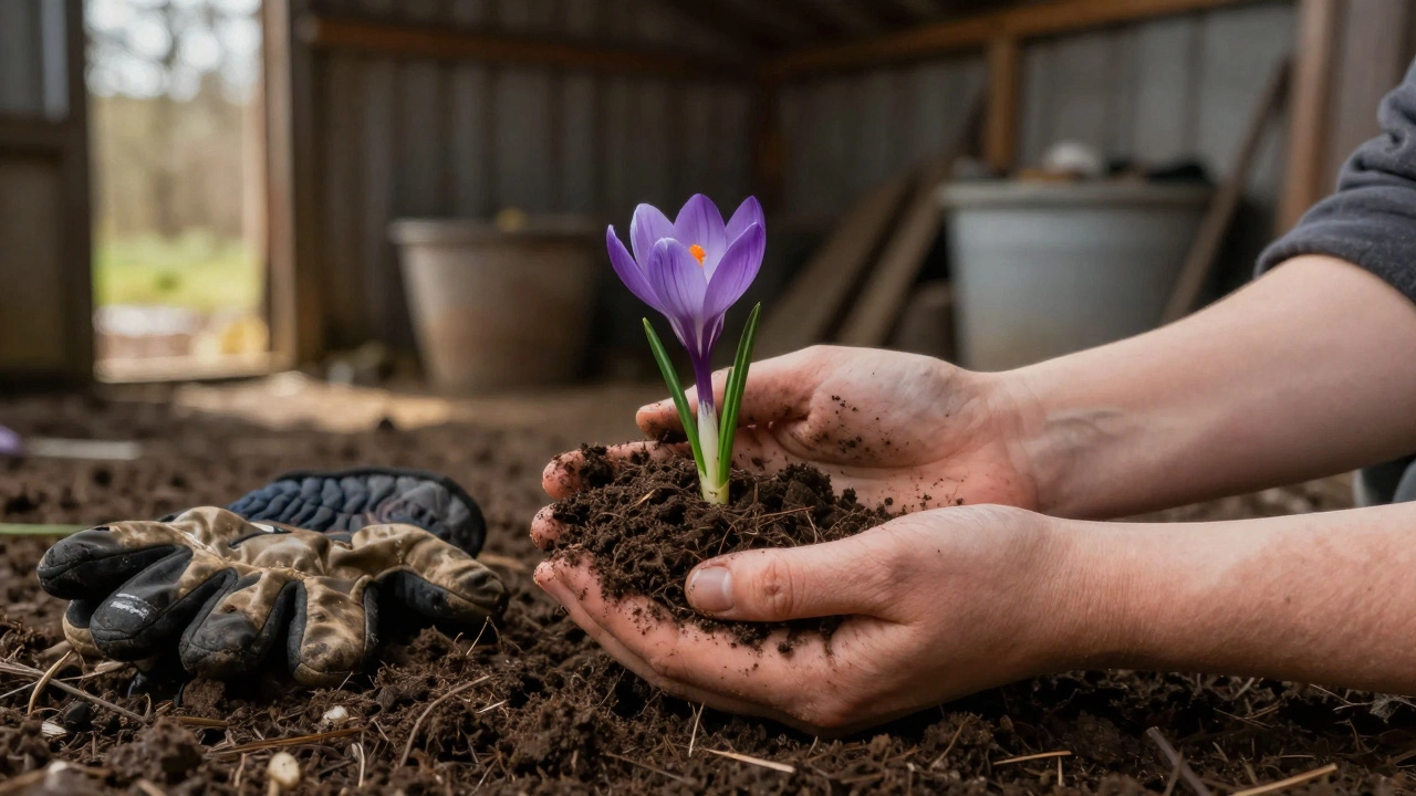 Soil-covered hands holding a crocus beside a discarded winter glove, symbolizing renewal.
