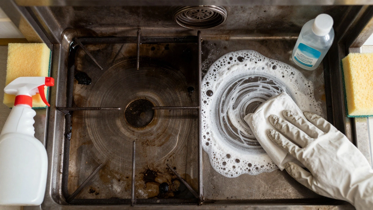 Split view showing greasy oven left and clean oven right after baking soda and vinegar treatment.