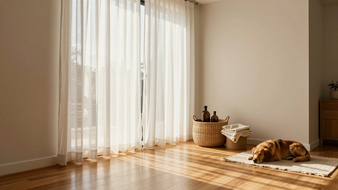 Sunlit living room with cleaning supplies and a pet dog sleeping safely nearby.