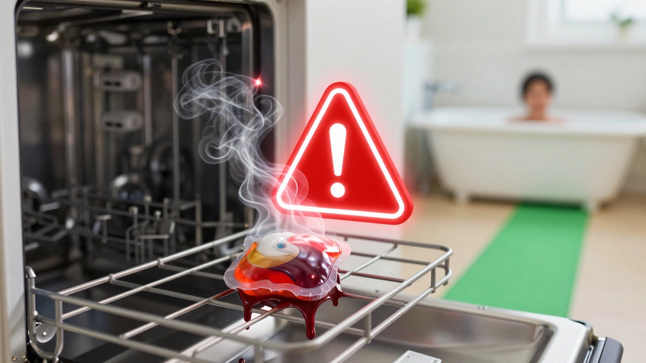 Warning symbol above a dishwasher pod in an oven, with toxic fumes and melting plastic, contrasted by a safe soaking method.
