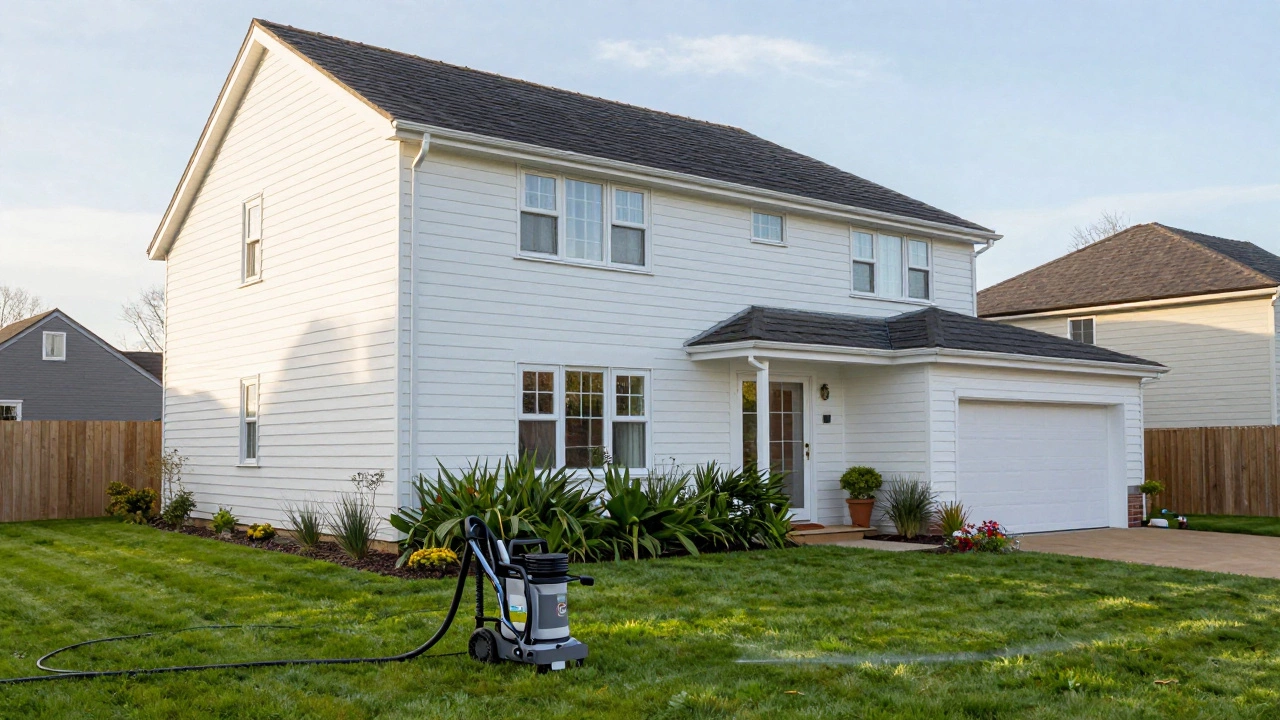 A clean suburban house in the UK with a professional soft washing setup on the lawn.