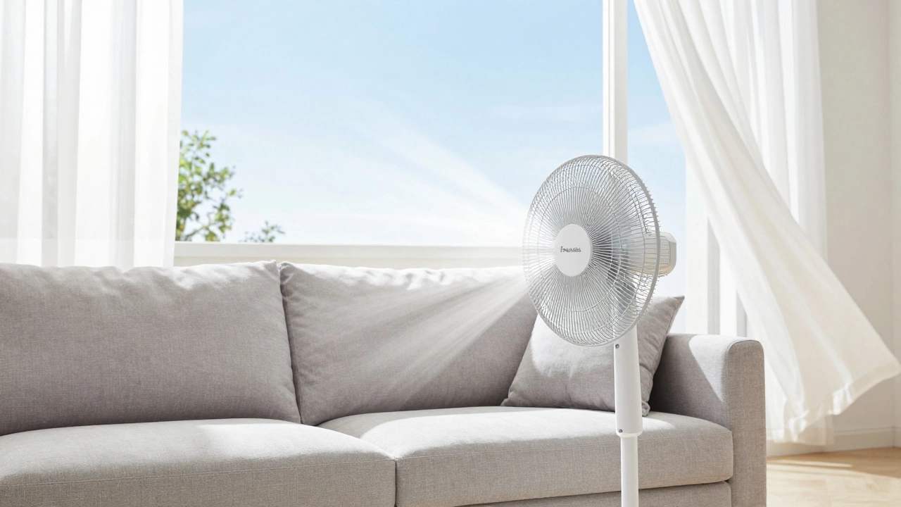 A floor fan blowing air to dry a cleaned fabric sofa