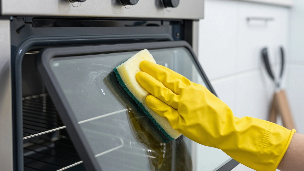 A gloved hand cleaning a glass oven door with a sponge to a sparkle