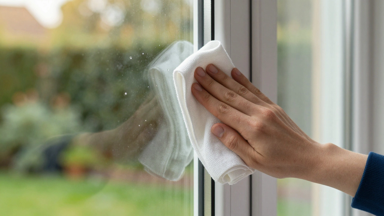 A hand using a microfiber cloth to clean the edge of a crystal clear window