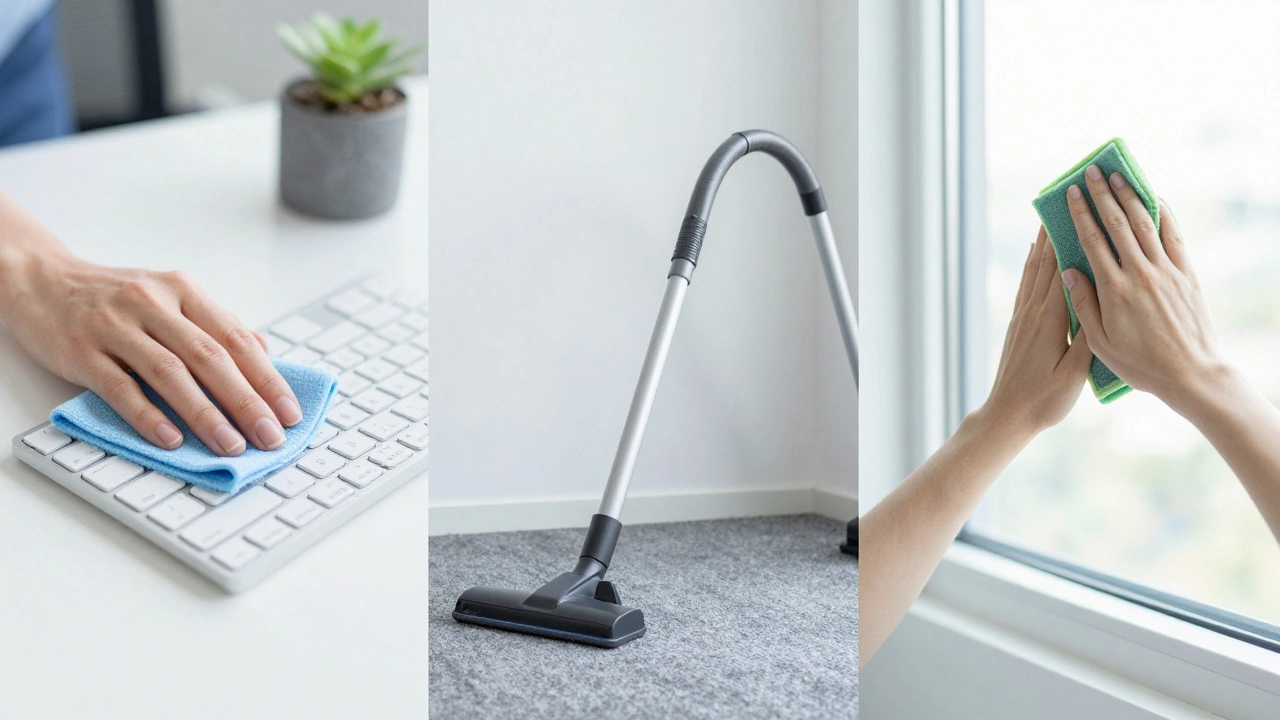 A montage showing daily, weekly, and monthly office cleaning tasks