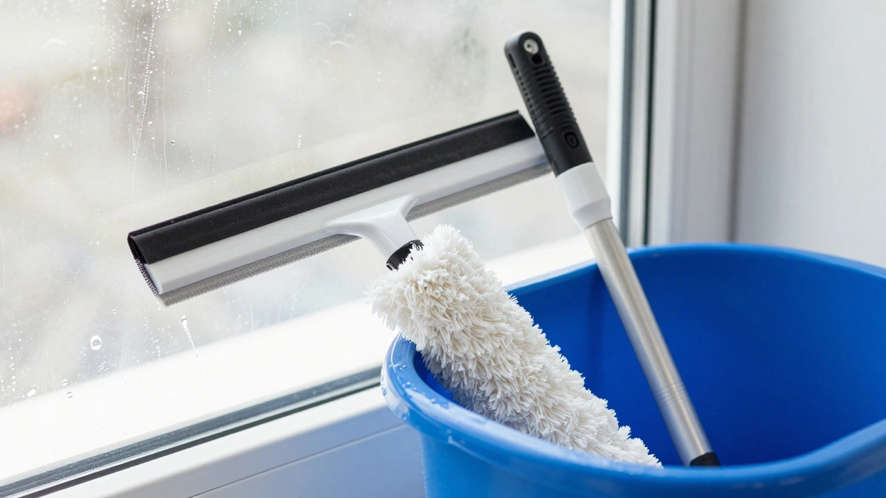 A professional T-bar scrubber and squeegee resting on a cleaning bucket