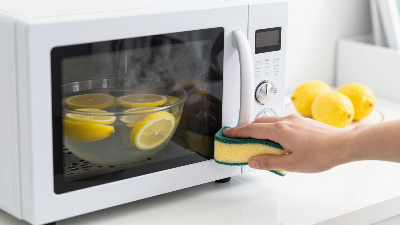 A steaming bowl of lemon water in an office microwave for cleaning
