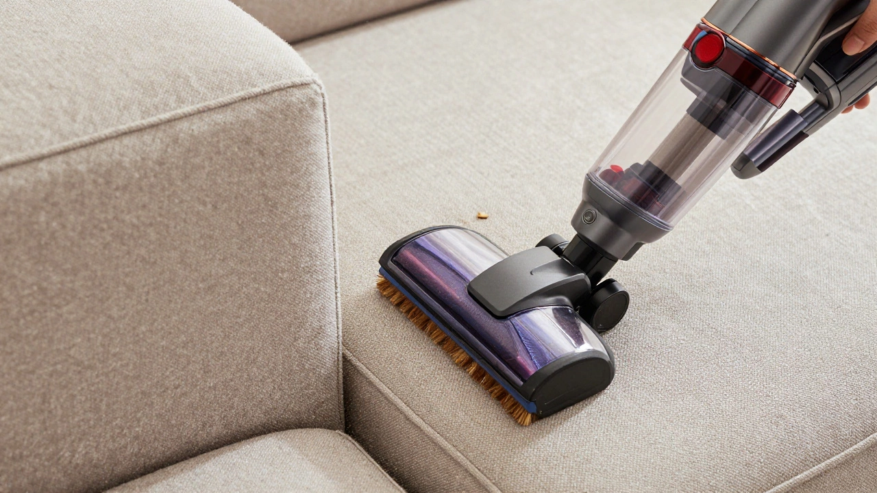 A vacuum brush attachment cleaning the crevices of a couch