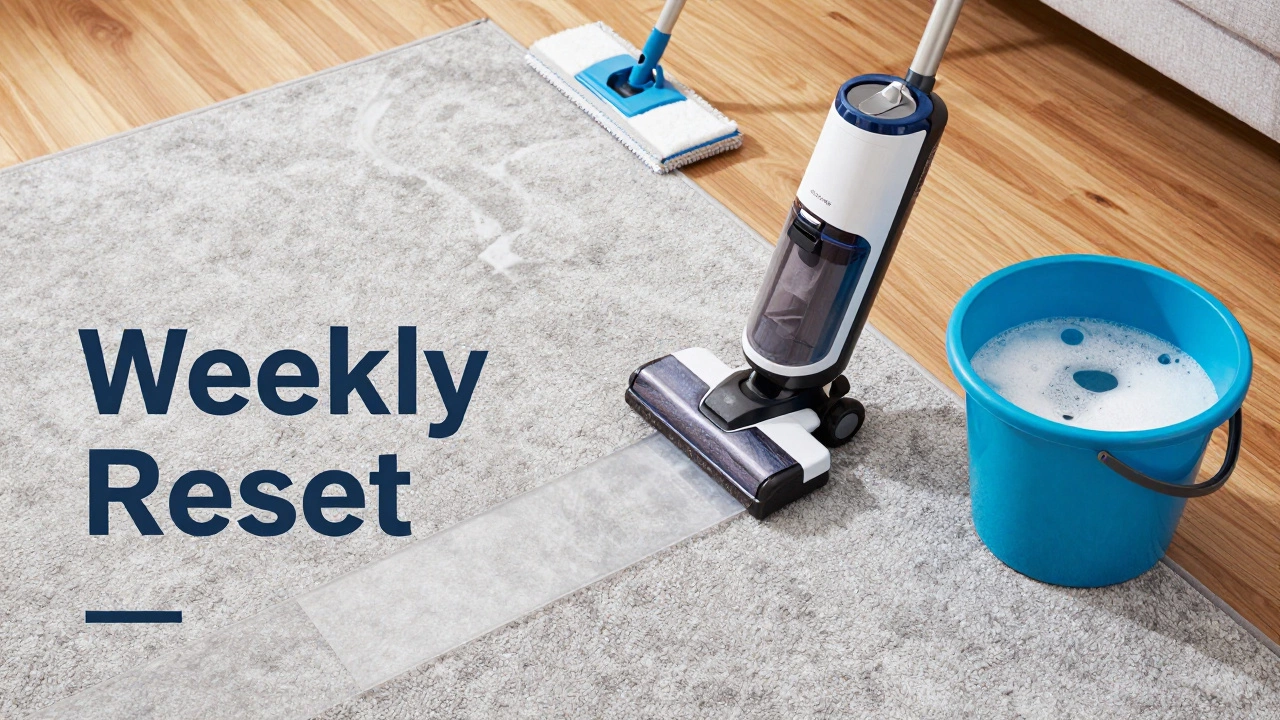 A vacuum cleaner and mop cleaning a living room floor