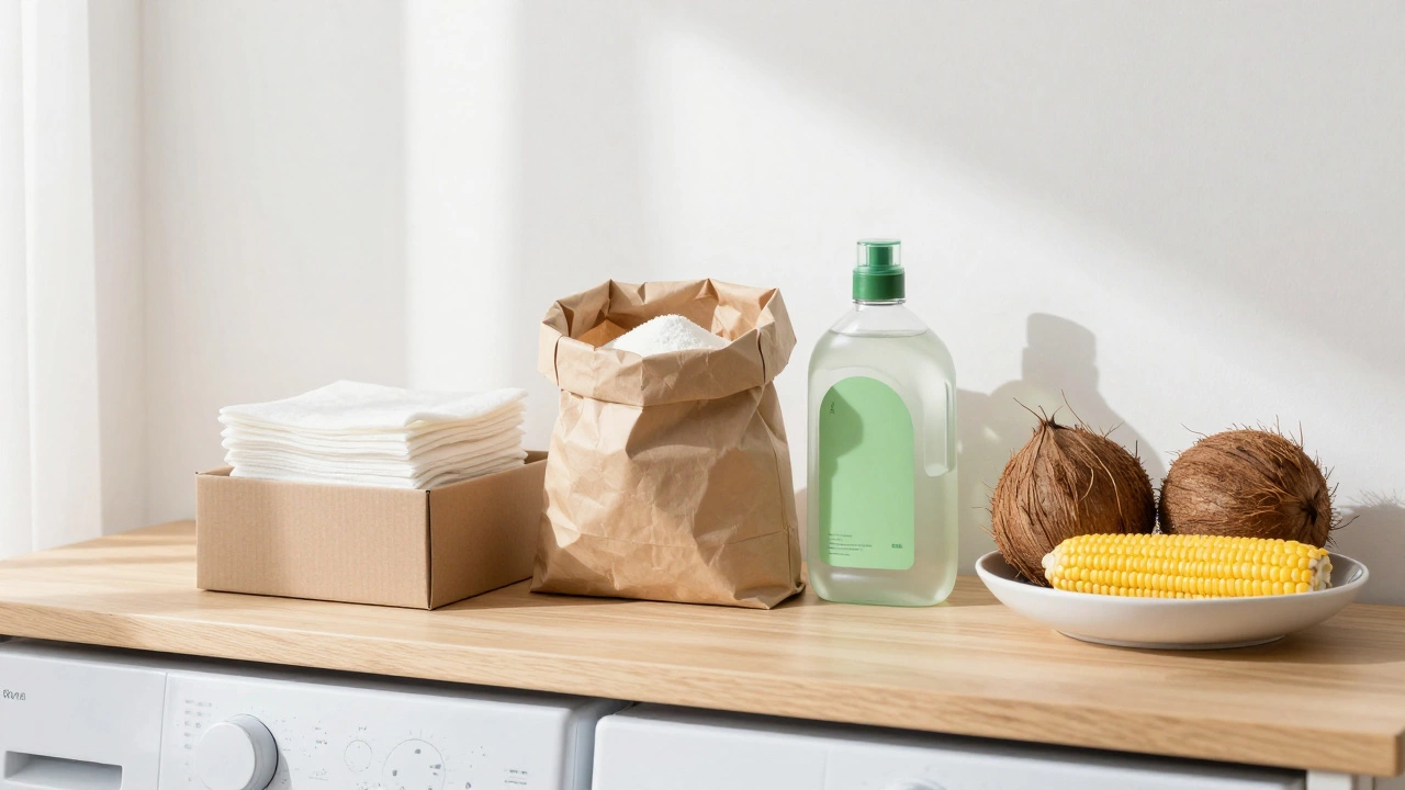 Assortment of eco-friendly laundry sheets, powder, and liquid with plant ingredients
