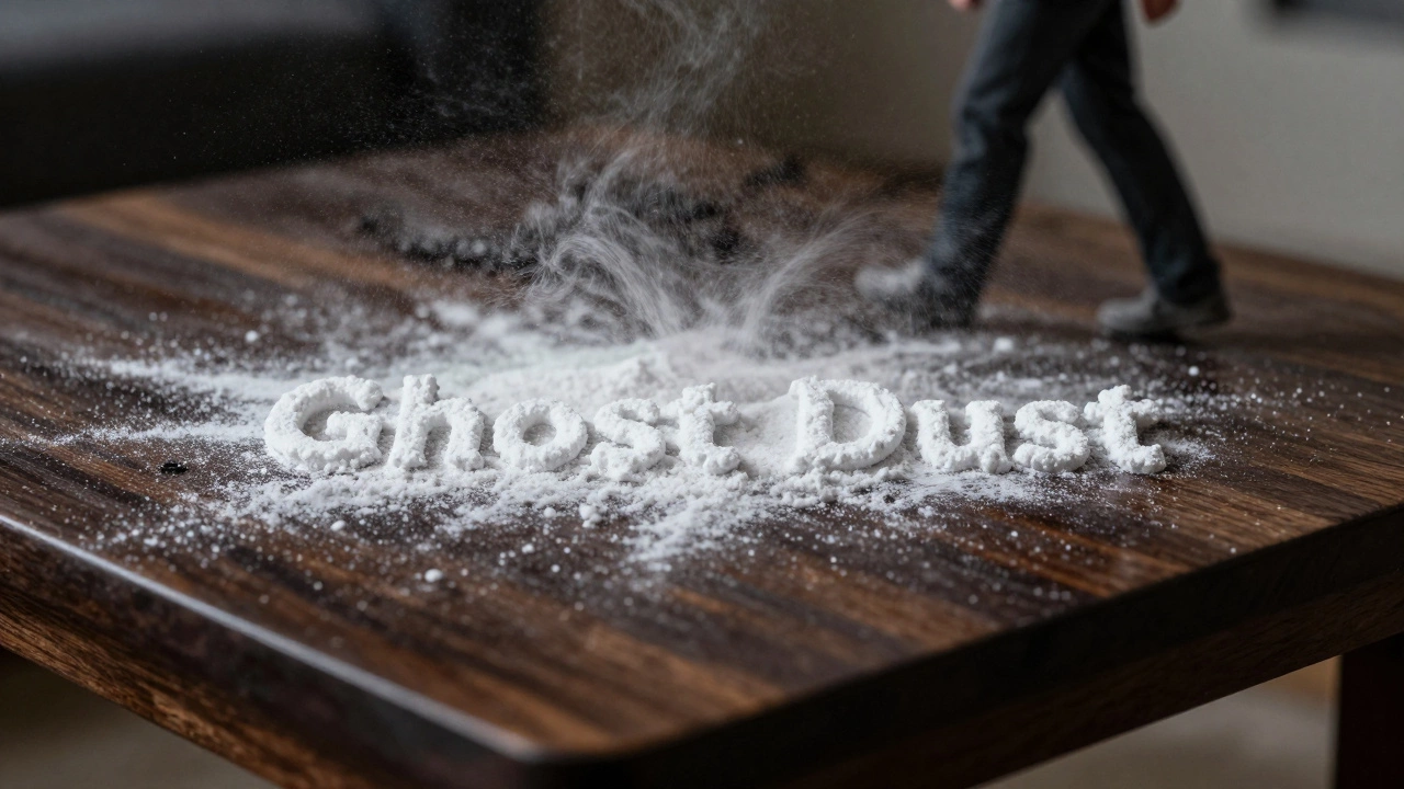 Close-up of a thin layer of white construction dust on a dark wooden coffee table.