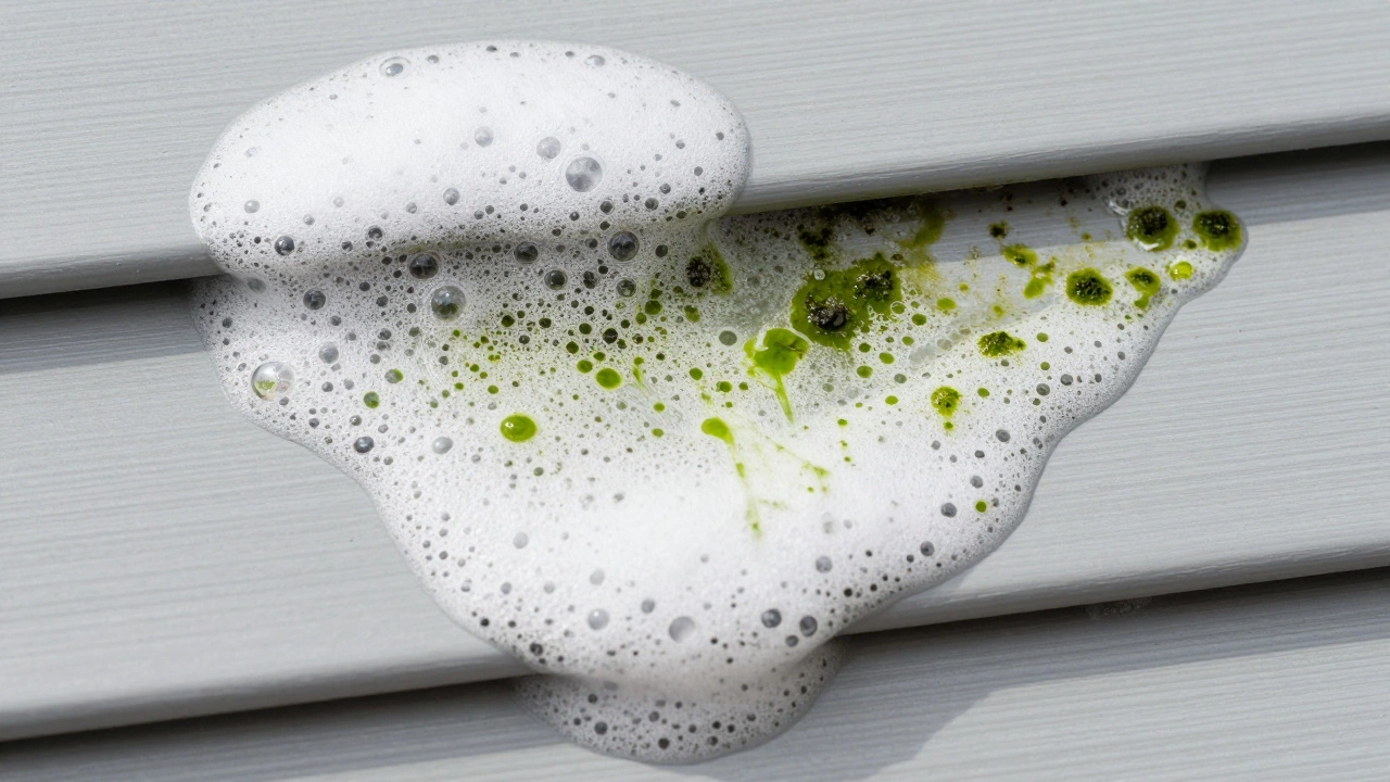 Close-up of cleaning foam dissolving green algae and mold on a vinyl siding surface.