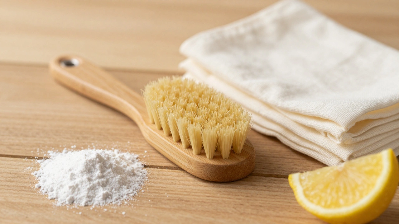 Coconut husk scrubber, bamboo brush, and cotton cloths on a wooden table