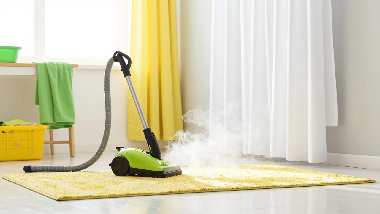 Deep cleaning a room with a carpet steamer and fresh curtains