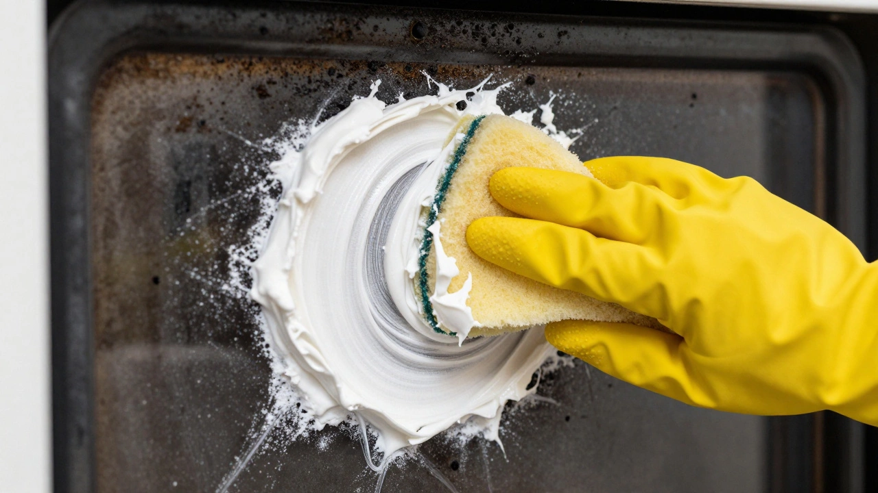 Hand in yellow glove applying white baking soda paste to a greasy oven wall