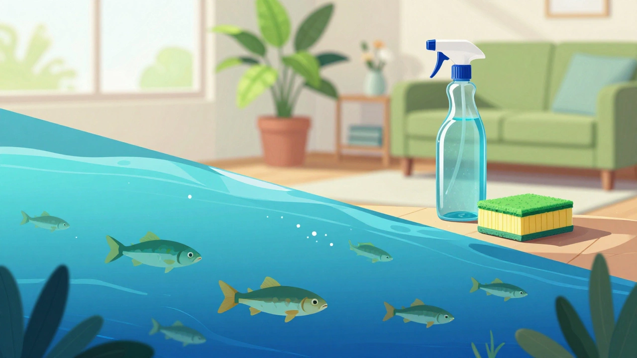 Illustration of a clean home connected to a healthy blue river with fish