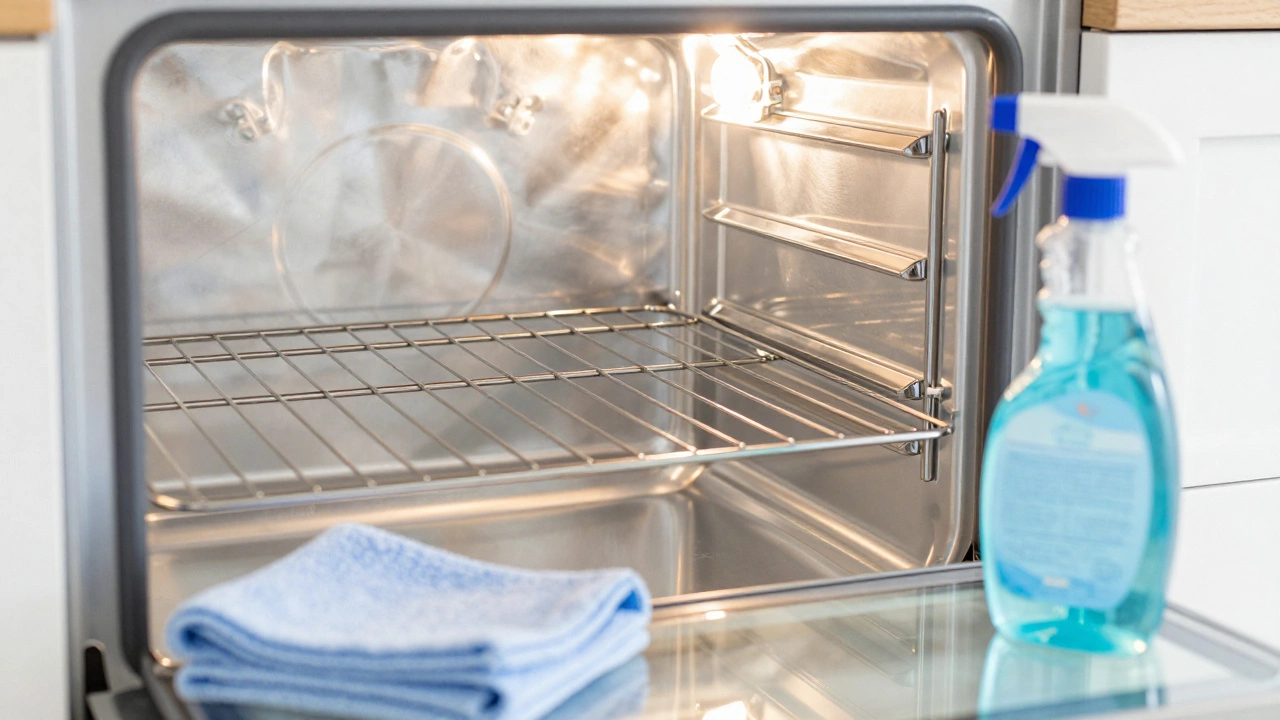 Inside of a sparkling clean, restored oven with shiny metal racks