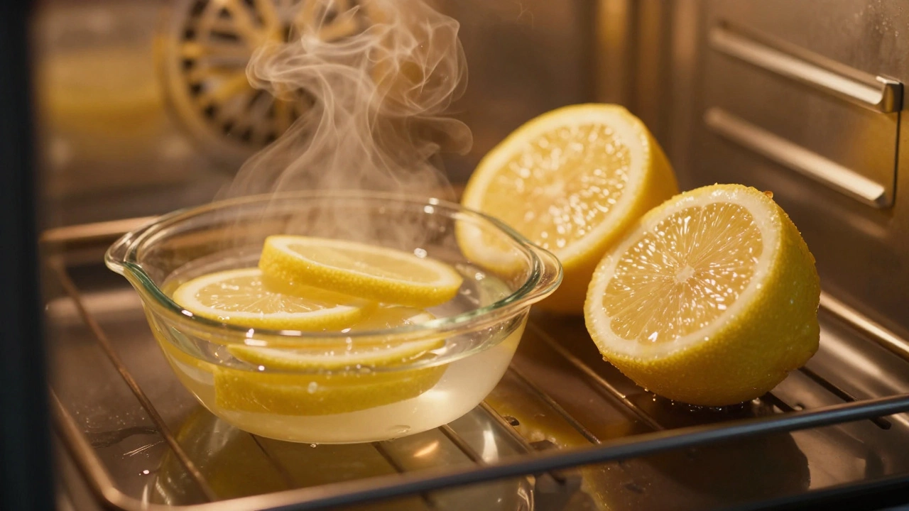 Slices of lemon in a glass dish inside a warm oven with rising steam