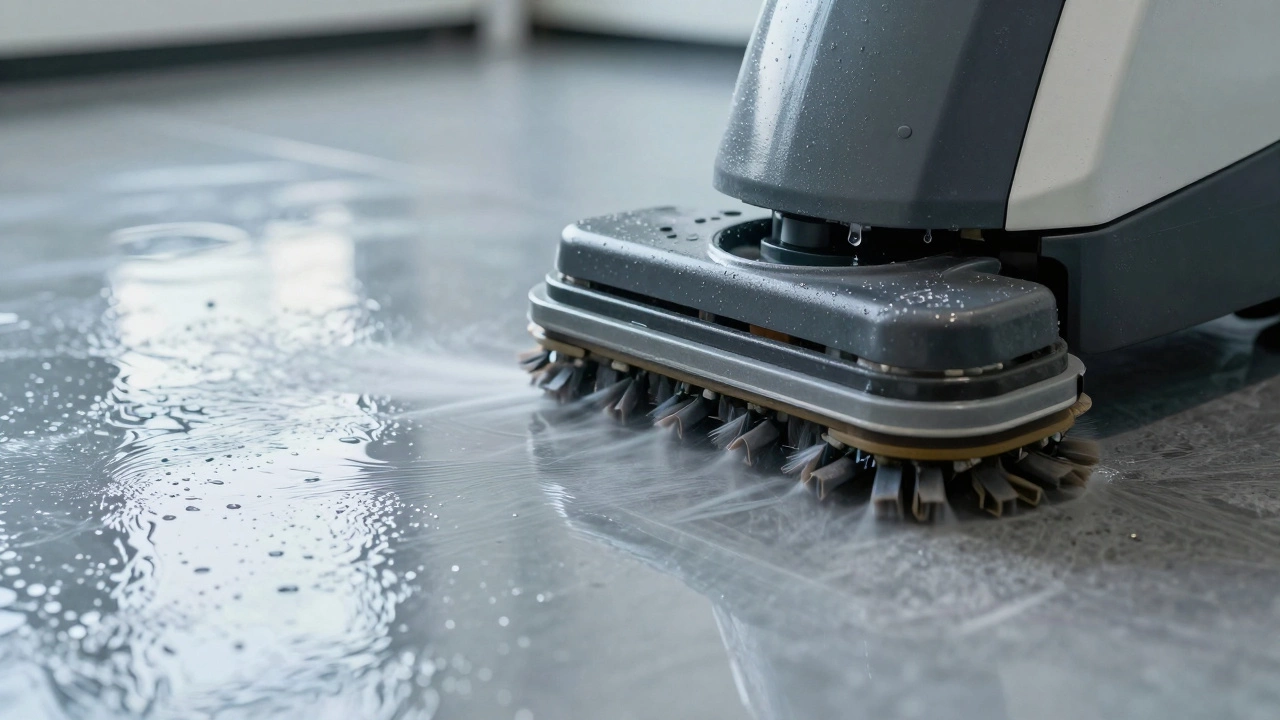 Auto-scrubber machine polishing a shiny office floor