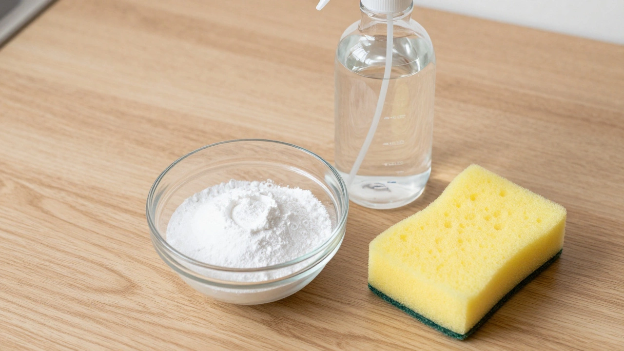 Baking soda paste and cleaning supplies arranged on a kitchen counter