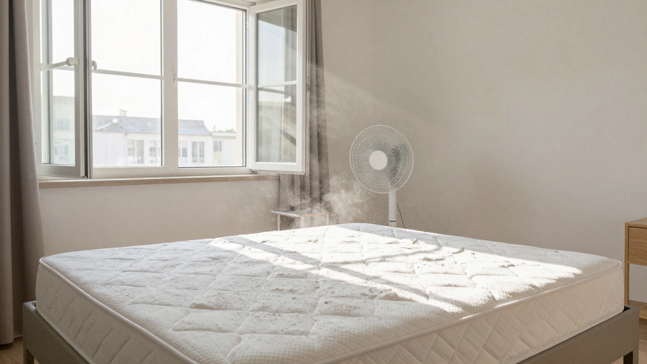 Clean mattress covered in baking soda drying in a sunlit, ventilated bedroom