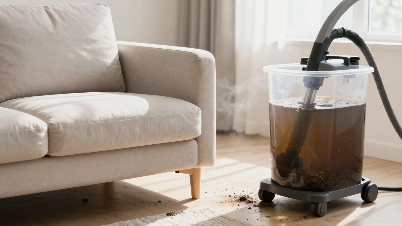Clean sofa cushion next to a tank of dark extracted dirty water